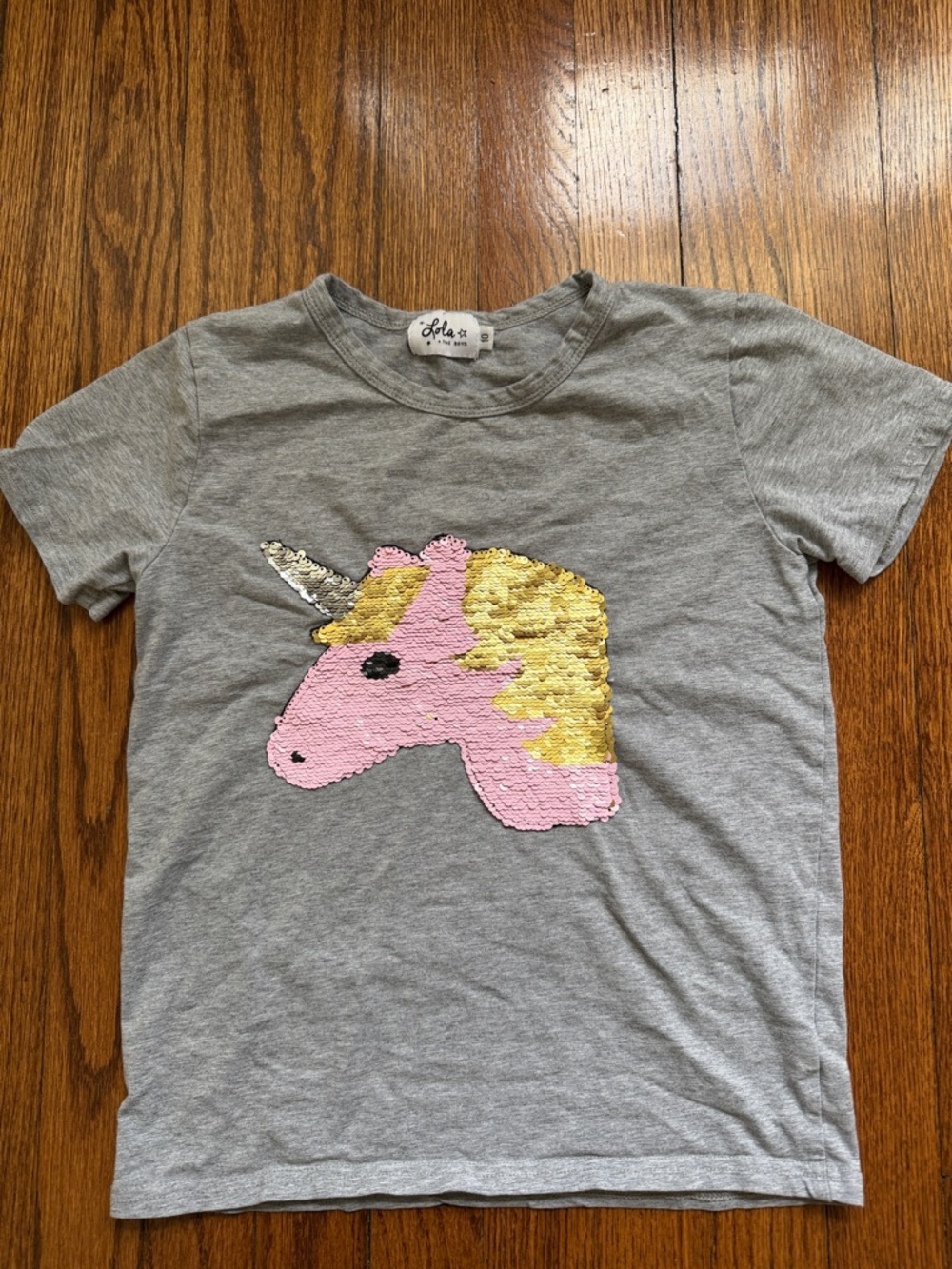 Lola & The Boys Gray Short-Sleeve Tee with Pink & Gold Sequin Unicorn